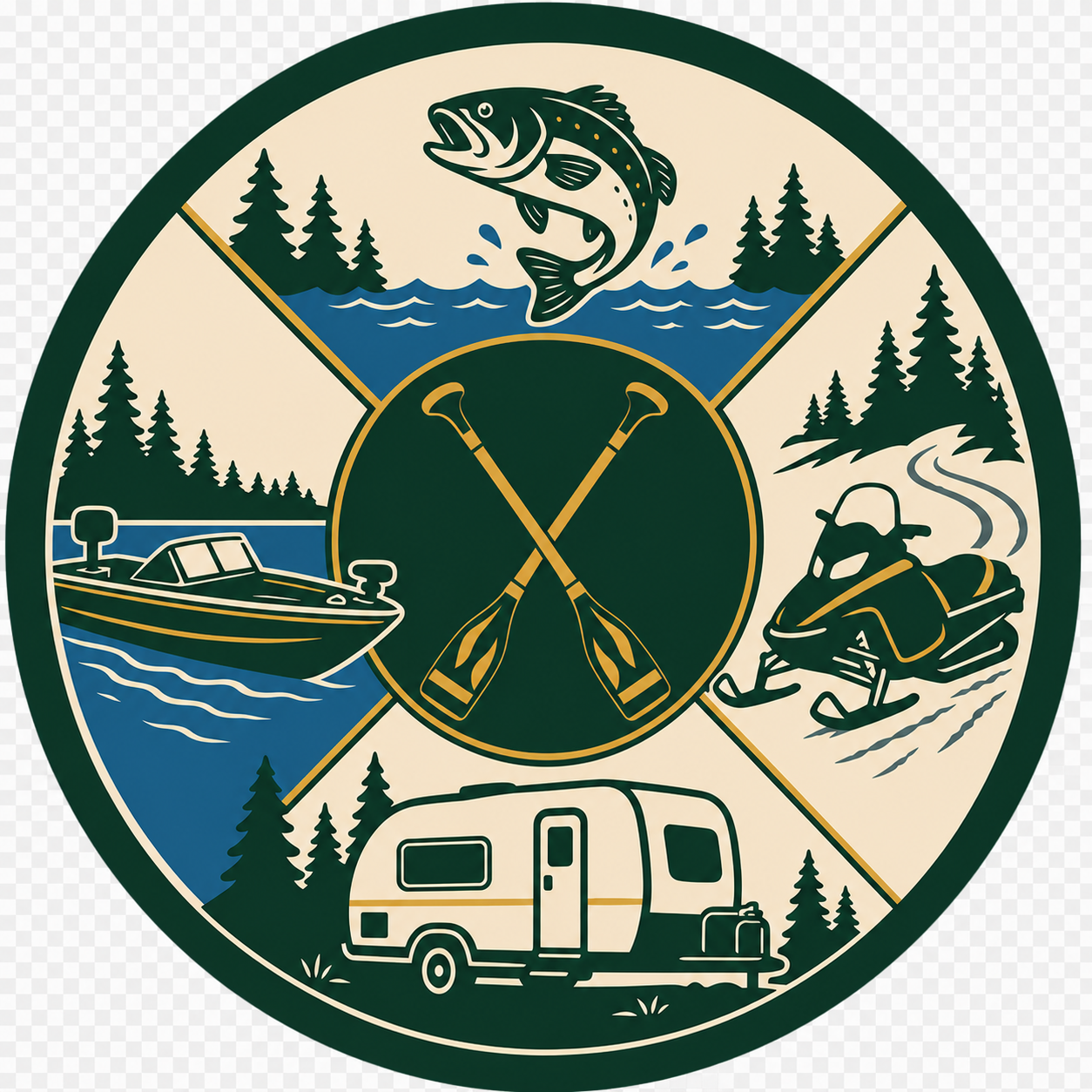 Robinson Lake activity badge featuring fishing, boating, paddling, snowmobiling and RV camping