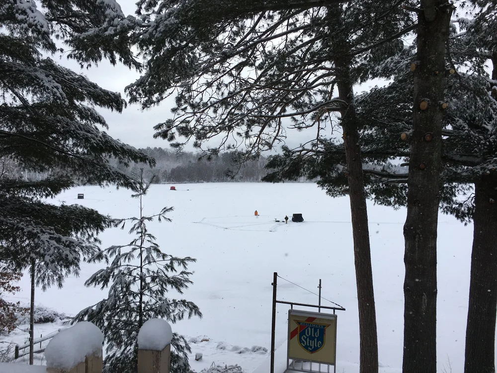 Snow-covered Robinson Lake framed by pine trees